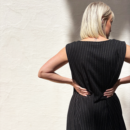 Yugen Tuck-Shoulder Black Linen Stripe Dress