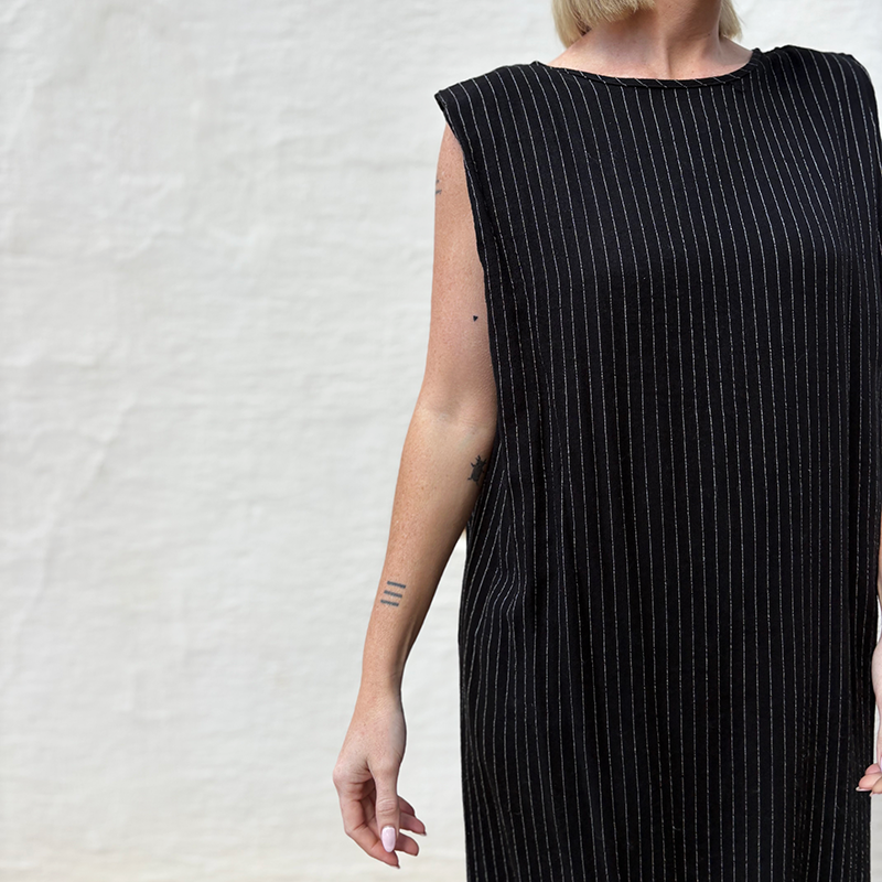 Yugen Tuck-Shoulder Black Linen Stripe Dress